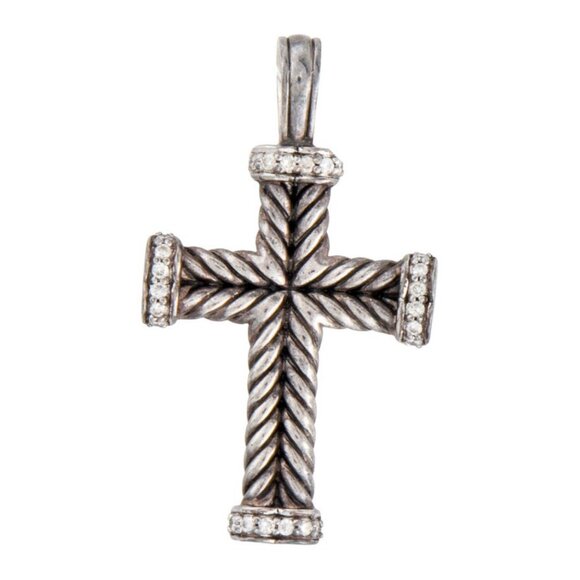 DAVID YURMAN DIAMOND 0.38CTW STERLING SILVER CHEVRON CROSS PENDANT - Picture 2 of 7